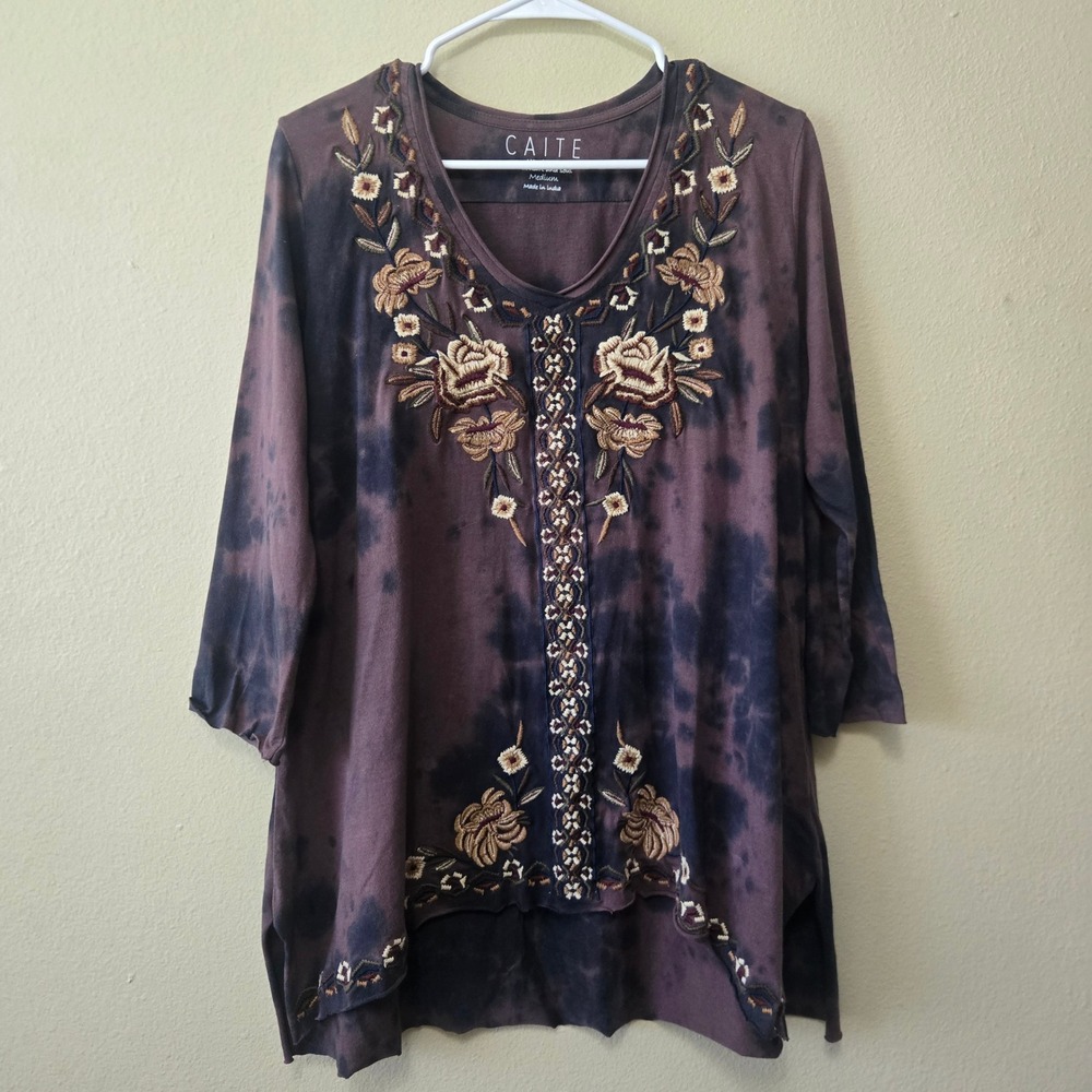 Caite Womens Med Boho Brown Tie Dye Floral Embroidered V-Neck Tunic Top Cotton